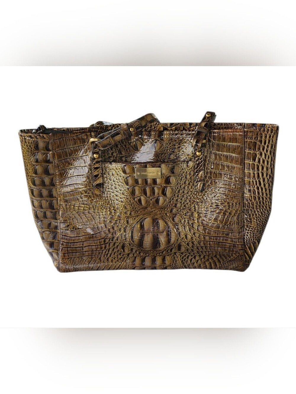 Brahmin Olive Brown Croc-Embossed Leather Tote